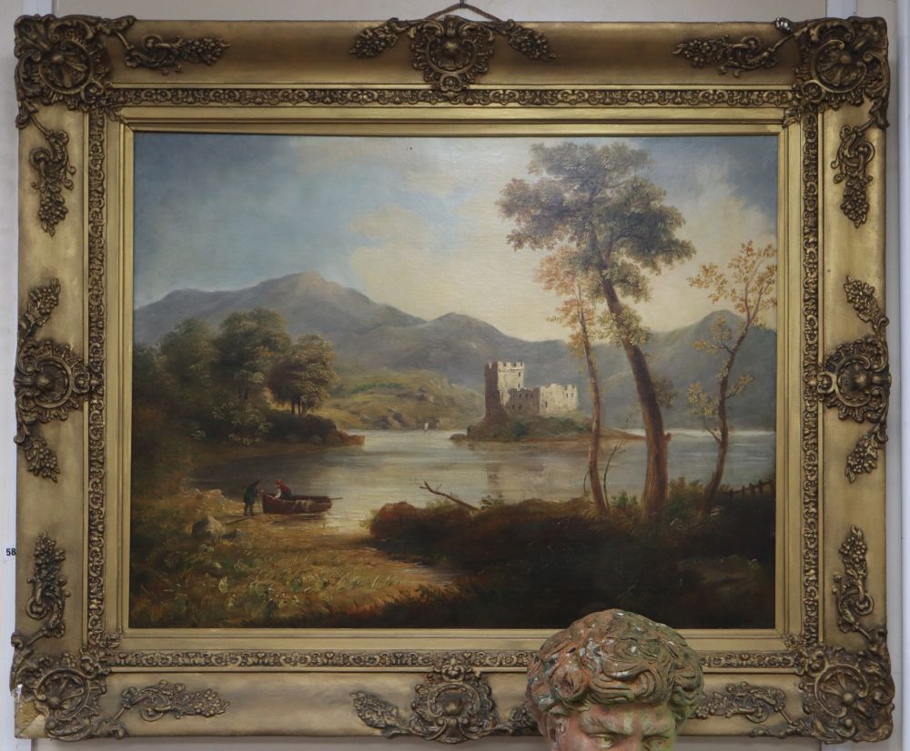 19th century English School, oil on canvas, Scottish loch scene with castle on an island, 68 x 88cm